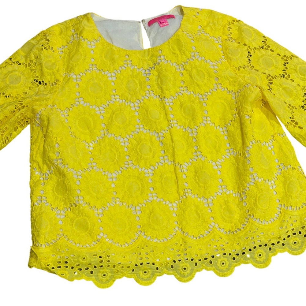 Lilly Pulitzer Yellow Eyelet Lace Blouse 3/4 Sleeve Scalloped Top Mariella XL - Picture 7 of 10